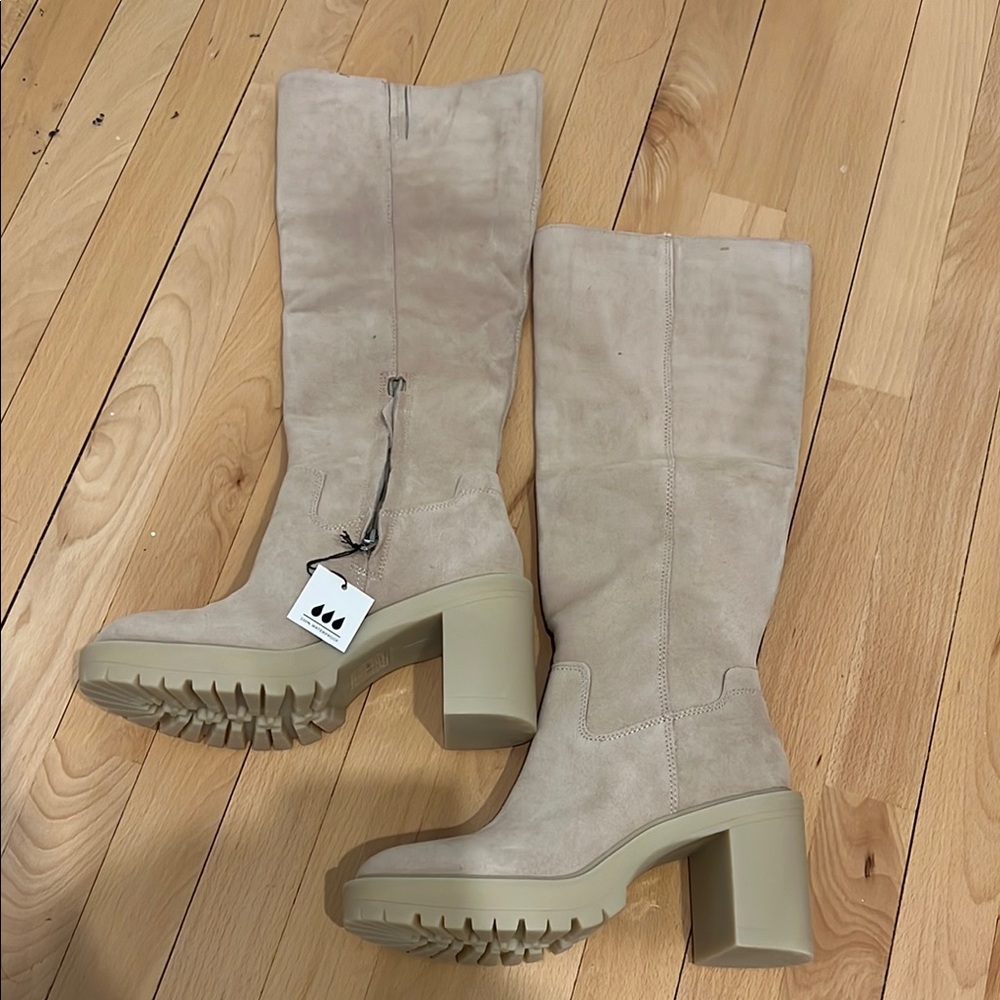 Beige Suede Knee-High Boots